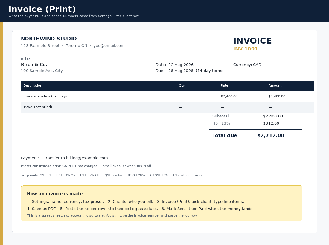 Printable freelance invoice template in Excel: Northwind Studio invoice INV-1001 with HST 13% and a $2,712.00 total due.